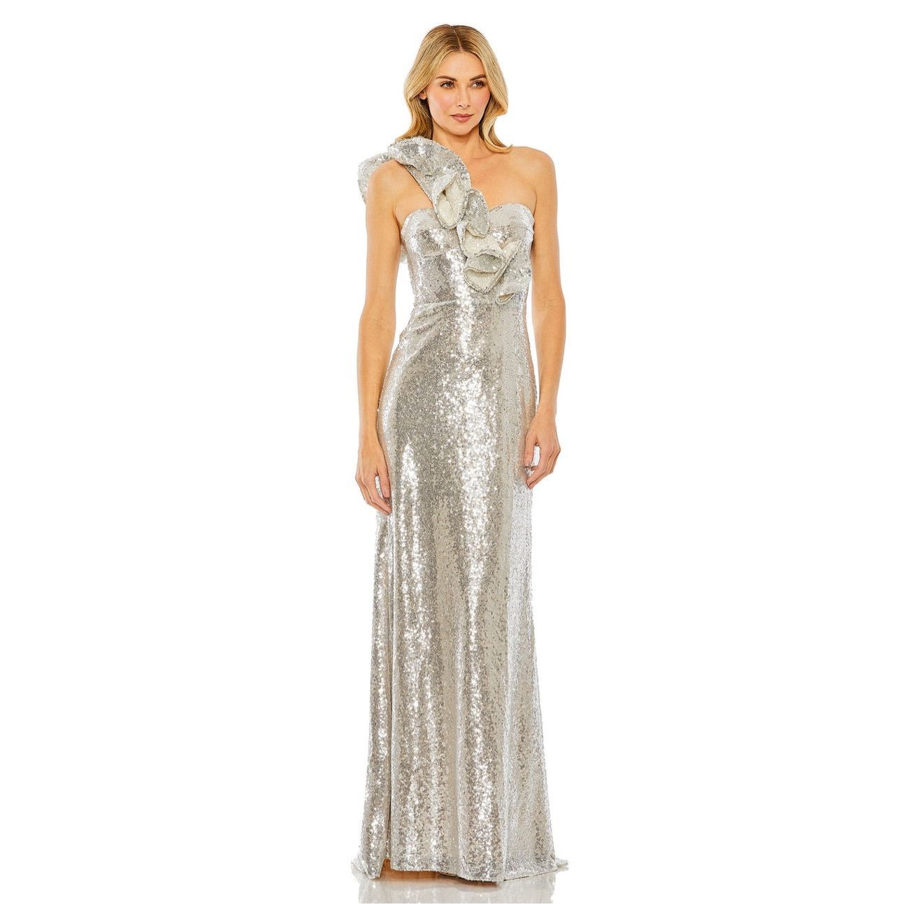 Mac Duggal Sequin Ruffled One Shoulder Gown